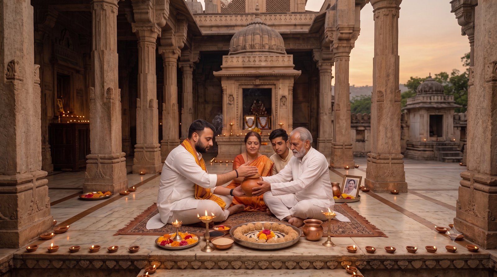 Family performing puja with Pandit Ji at a temple in Gaya